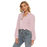 Pink All-Over Print Women's Pleated Collar V-neck Shirt