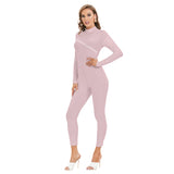 Pink All-Over Print Women's Long-sleeved High-neck Jumpsuit With Zipper