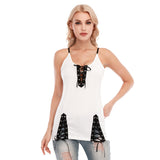 White All-Over Print Women's V-neck Eyelet Lace-up Cami Dress