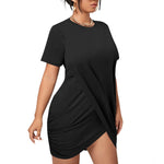 Black All-Over Print Women’s Stacked Hem Dress With Short Sleeve（Plus Size）