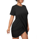 Black All-Over Print Women’s Stacked Hem Dress With Short Sleeve（Plus Size）