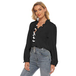 Black  All-Over Print Women's Pleated Collar V-neck Shirt