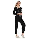 Black All-Over Print Women's Crop Hoodie Sports Sets