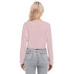 Pink All-Over Print Women's V-neck Lapel Long Sleeve Cropped T-shirt