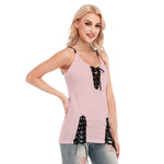 Pink All-Over Print Women's V-neck Eyelet Lace-up Cami Dress