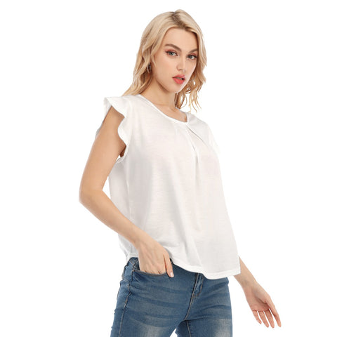 White All-Over Print Women's O-neck T-shirt With Ruffle Sleeves