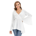 White All-Over Print Women's V-neck Blouse With Flared Sleeves