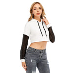 White All-Over Print Women's Fake Two-piece Mesh Sleeve Cropped Hoodie