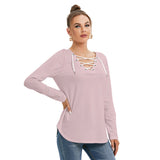 Pink All-Over Print Women's Long Sleeve Neckline Tie Sweatshirt