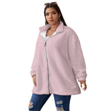 Pink All-Over Print Women's Borg Fleece Stand-up Collar Coat With Zipper Closure(Plus Size)