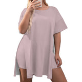 Pink All-Over Print Women's Drop-Shoulder T-Shirt with Side Split and Shorts (Plus Size)