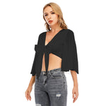 Black All-Over Print Women's Ruffled Cropped T-shirt With Bandage