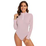 Pink All-Over Print Women's Turtleneck Bodysuit With Zipper Closure