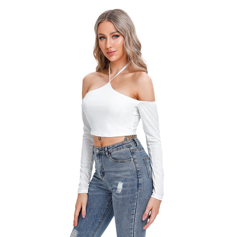 White All-Over Print Women's Halter Lace-up Top