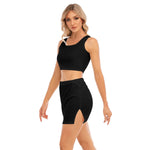 Black All-Over Print Women's Camisole And Hip Skirt Suit