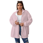 Pink All-Over Print Women's Borg Fleece Stand-up Collar Coat With Zipper Closure(Plus Size)