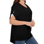 Black All-Over Print Women's Drop-shoulder Short Sleeve T-shirt With Sleeve Loops(Plus Size)