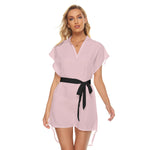 Pink All-Over Print Women's Stand-up Collar Casual Dress With Belt