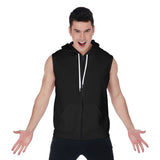 Black All-Over Print Men's Zipper-Up Sleeveless Hoodie