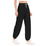 Black All-Over Print Women's Loose Striped Trousers With Waist drawstring