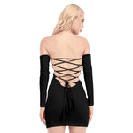 Black All-Over Print Women's Off-shoulder Back Lace-up Dress