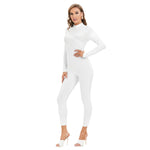 White All-Over Print Women's Long-sleeved High-neck Jumpsuit With Zipper