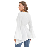 White All-Over Print Women's V-neck Blouse With Flared Sleeves