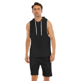 Black All-Over Print Men's Sleeveless Vest And Shorts Sets