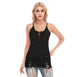 Black All-Over Print Women's V-neck Eyelet Lace-up Cami Dress