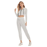 White All-Over Print Women's Crop Hoodie Sports Sets