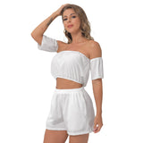 White All-Over Print Women's Off-Shoulder T-Shirt Shorts Suit