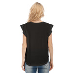 Black All-Over Print Women's O-neck T-shirt With Ruffle Sleeves