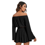 Black All-Over Print Women's Off-shoulder Top And Skirt Set