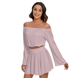 Pink All-Over Print Women's Off-shoulder Top And Skirt Set