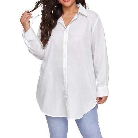 White All-Over Print Women's Shirt With Long Sleeve(Plus Size)