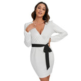 White All-Over Print Women's Long Sleeve Dress With Waist Belt