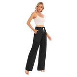 Black All-Over Print Women's Waist Fungus Edge Wide-leg Pants