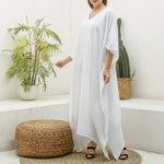 White All-Over Print Women's Imitation Silk V-neck Kaftan Robe