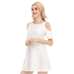 White All-Over Print Women's Cold Shoulder O-neck Dress