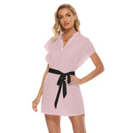 Pink All-Over Print Women's Stand-up Collar Casual Dress With Belt