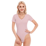 Pink All-Over Print Women's V-neck Bodysuit With Short Sleeve