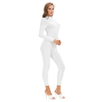 White All-Over Print Women's Long-sleeved High-neck Jumpsuit With Zipper