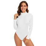 White All-Over Print Women's Turtleneck Bodysuit With Zipper Closure