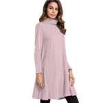 Pink All-Over Print Women's High Neck Dress With Long Sleeve