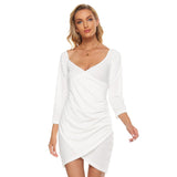 White All-Over Print Women's Off-shoulder Long Sleeve Dress