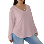 Pink All-Over Print Women's V-neck T-shirt With Curved Hem(Plus Size)