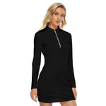 Black All-Over Print Women's Zip Front Tight Dress