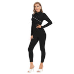 Black All-Over Print Women's Long-sleeved High-neck Jumpsuit With Zipper