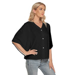 Black All-Over Print Women's Bat Sleeve Light V-neck Front Buttoned Top