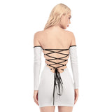 White All-Over Print Women's Off-shoulder Back Lace-up Dress